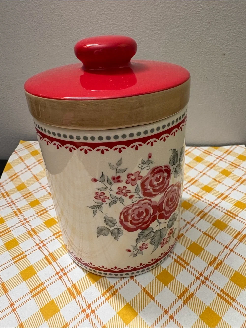Cream Ceramic Canister with Red Floral Design